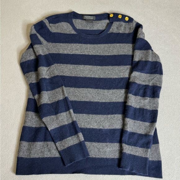 Bloomingdale's Women's Pure 100%Cashmere Sweater in Blue Grey Stripe Size L - Picture 1 of 16